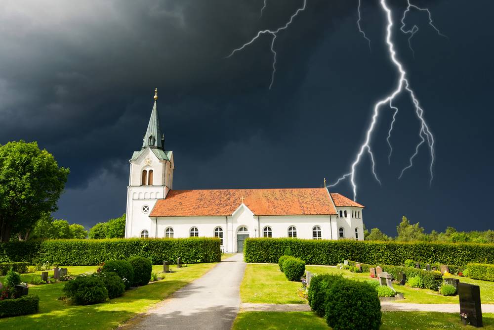 Lightning bolt strikes above a church in Sweden